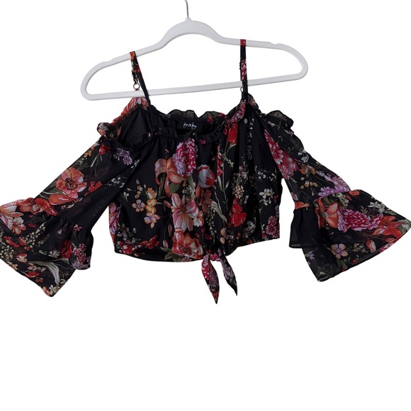 by & by Tops - By & By Floral Cold Shoulder Crop Top Black Bell Sleeve Tie Front XL 116545P